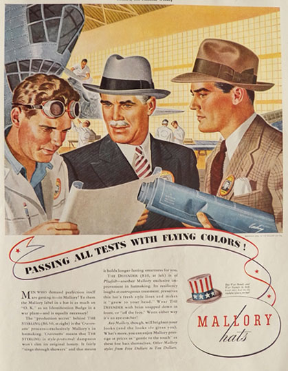 1943 Mallory Hats Ad ~ Sterling & Defender