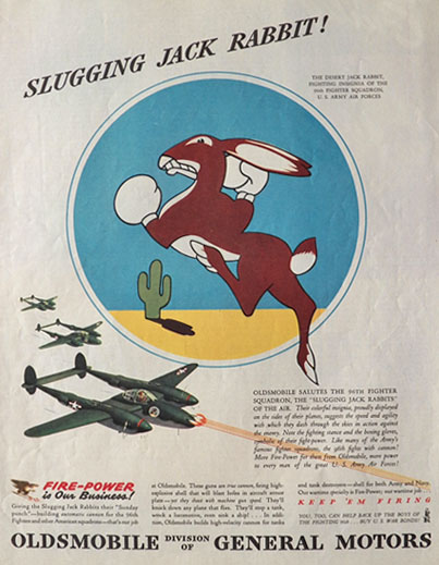 1943 WWII Oldsmobile Army Ad ~ Slugging Jack Rabbit Insignia