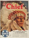 1947 Santa Fe Chief Railroad Ad ~ Indian with Headdress