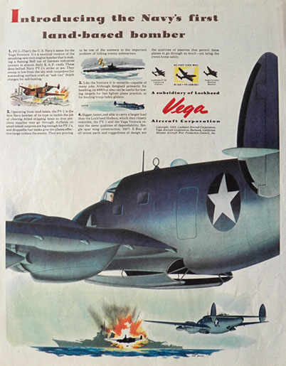 1943 Vega Ventura Aircraft Ad ~ PV-1 Bomber