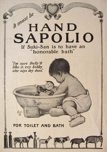 1908 Hand Sapolio Soap Ad ~ Child Bathes Asian Doll