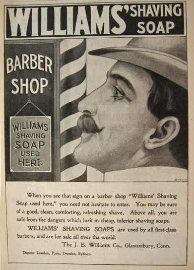 1899 Williams Shaving Soap Ad ~ Barber Shop