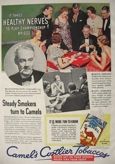 1933 Camel Cigarette Ad ~ Championship Bridge Takes Healthy Nerves