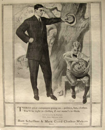 1908 Hart Schaffner & Marx Men's Fashion Ad ~ Boy Carves Pumpkin