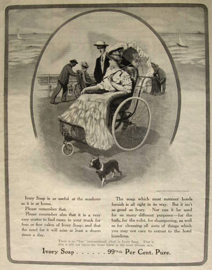 1908 Ivory Soap Ad ~ Boardwalk Rolling Chair, Boston Terrier