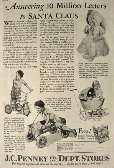 1929 JC Penney Ad ~ Velocipede Bike, Penco Flyer Wagon