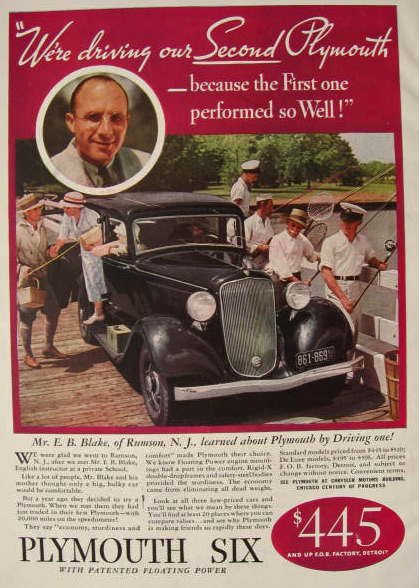1933 Plymouth Six Car Ad ~ E.B. Blake of Rumson, NJ