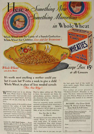1931 Wheaties Cereal Ad ~ Something Marvelous in Whole Wheat