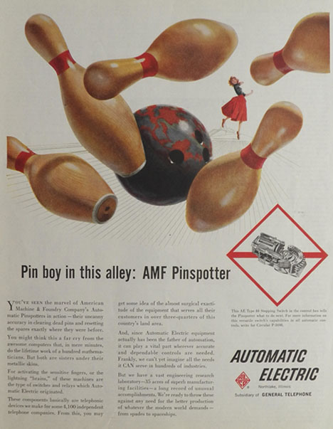 1958 Automatic Electric Ad ~ AMF Pinspotter Bowling