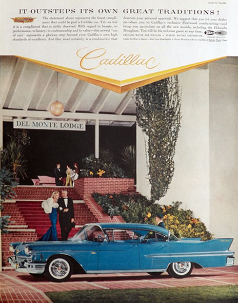 1958 Cadillac Eldorado Brougham Ad ~ Del Monte Lodge