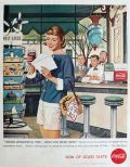 1958 Coca Cola Coke Ad ~ Lady Looks at Postcards