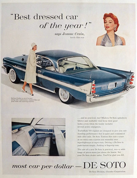 1958 De Soto Fireflite Car Ad ~ Jeanne Crain