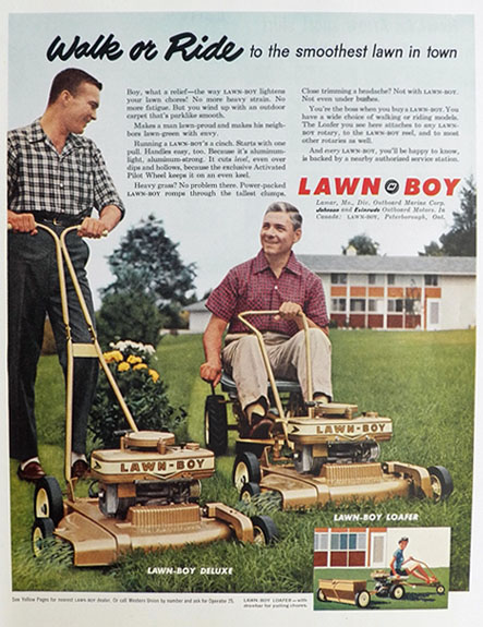 1958 Lawn Boy Lawnmower Ad ~ Walk or Ride