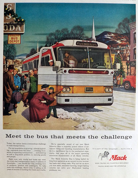 1958 Mack Truck Ad ~ Intercity Bus ~ Woodi Ishmael Art