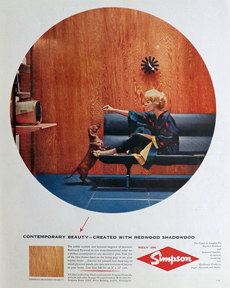1958 Simpson Wood Paneling Ad ~ Dachshund Dog