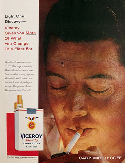 1958  Viceroy Cigarettes Ad ~ Cary Middlehoff