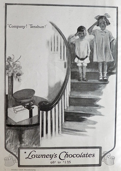 1917 Lowney's Chocolates Ad ~ "Company! 'Tenshun!"