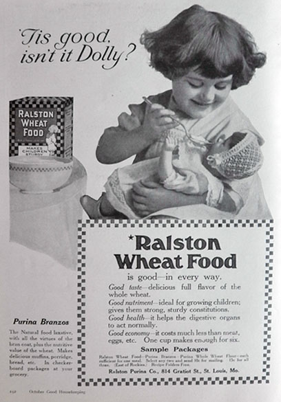 1917 Ralston Wheat Foods Ad ~ Child Feeds Dolly