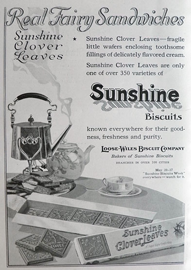 1917 Sunshine Clover Leaves Biscuits Ad ~ Real Fairy Sandwiches