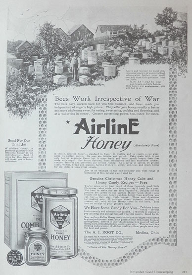1916 Airline Honey Ad ~ Bees Work Irrespective of War