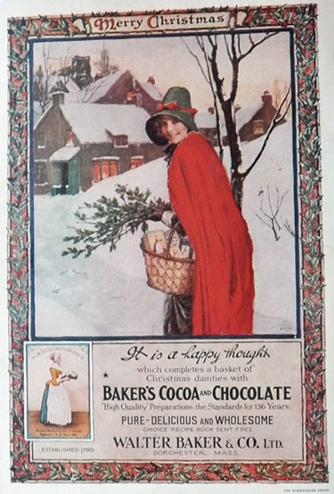 1916 Baker's Cocoa Ad ~ Norman Price Chistmas Girl w/ Basket