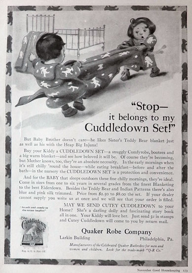 1916 Children's Cuddledown Set Ad ~ Robe, Booties, & Blanket