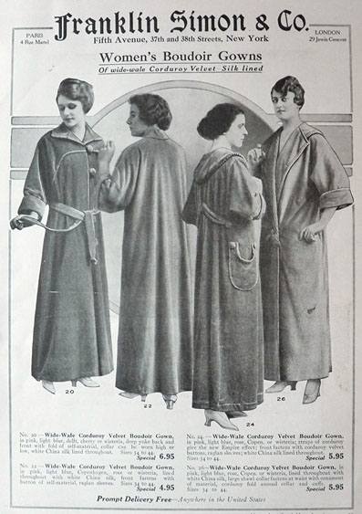 1916 Franklin Simon Ad ~ Women's Corduroy Velvet Robes