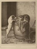 1910 Dog & Cat Food Fight Antique Print ~ Set of 2