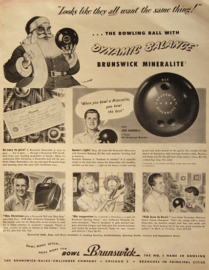 1948 Vintage Brunswick Bowling Ball Ad ~ Mineralite