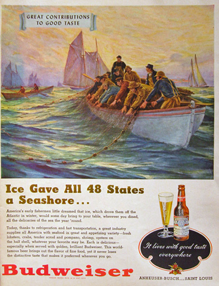 1948 Budweiser Beer Ad ~ Fishing Boat, Fishermen