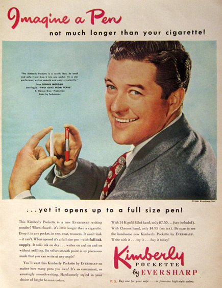 1948 Eversharp Kimberly Pockette Pen Ad ~ Dennis Morgan