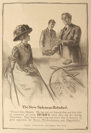 1910 Peter's Chocolate Ad ~ New Salesman Rebuked