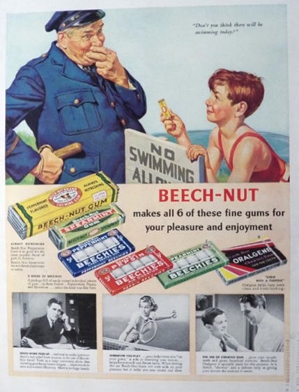 1938 Beechnut Gum Ad ~ Policeman at the Beach