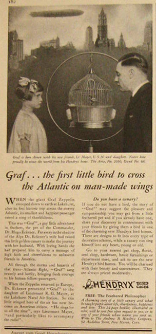 1929 Hendryx Bird Cage Ad ~ Graf Zeppelin