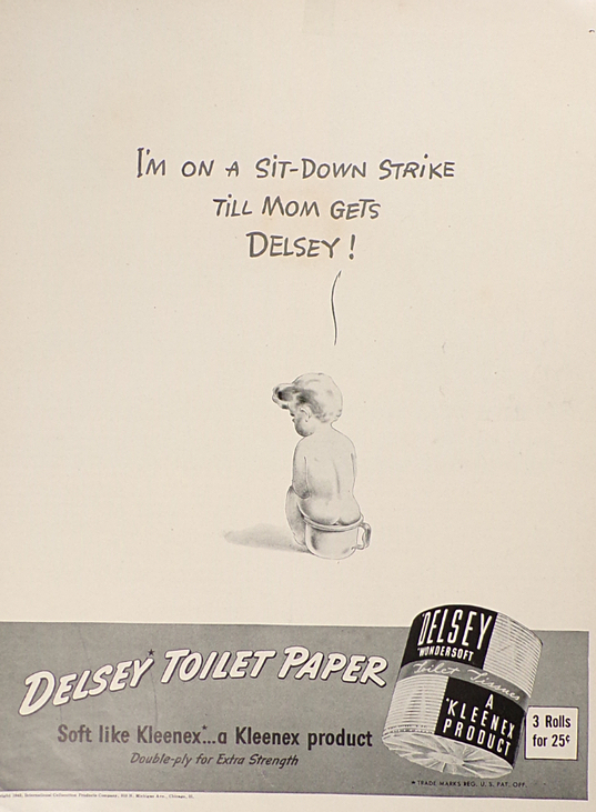 1940 Delsey Toilet Paper Ad ~ Bare Bottom Child, Vintage Magazine Ads