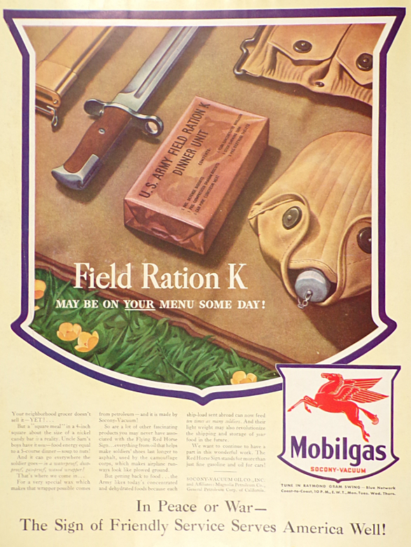 1943 Mobilgas Ad ~ WWII Army K-Rations