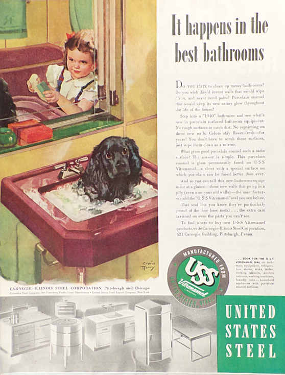 1940 U.S. Steel Ad ~ Child Bathes Spaniel Dog