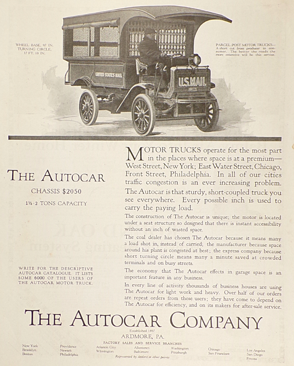 1918 Autocar Truck Ad ~ Old Parcel Post Mail Truck
