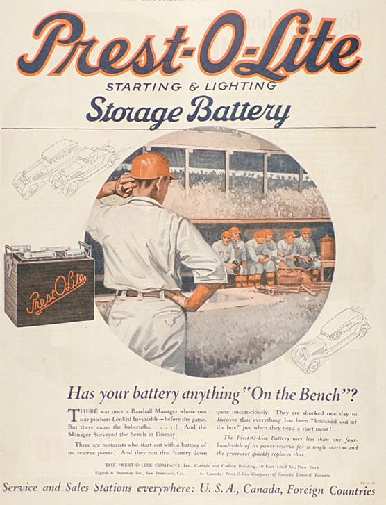 1921 Vintage Prest-O-Lite Battery Ad ~ Baseball Art