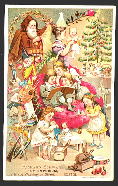 Antique Trade Card ~ Brown Robed Santa ~ Schwarz Toy Emporium