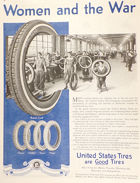 1918 WWI United States Tires Ad ~ Women in Factory Photo