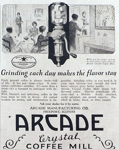1927 Antique Arcade Crystal Coffee Mill Ad ~ Makes Flavor Stay