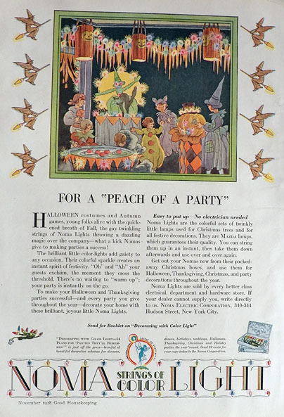 1928 Noma Halloween Lights Ad ~ Peach of a Party