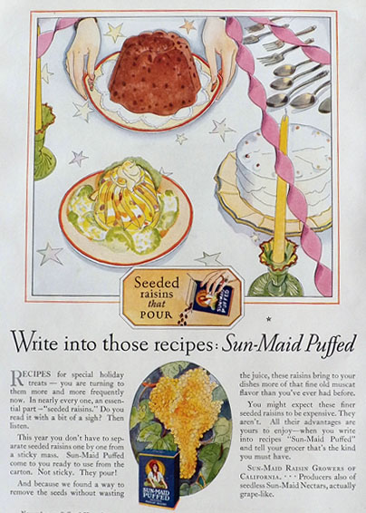 1928 Sunmaid Puffed Raisins Ad ~ Raisins That Pour
