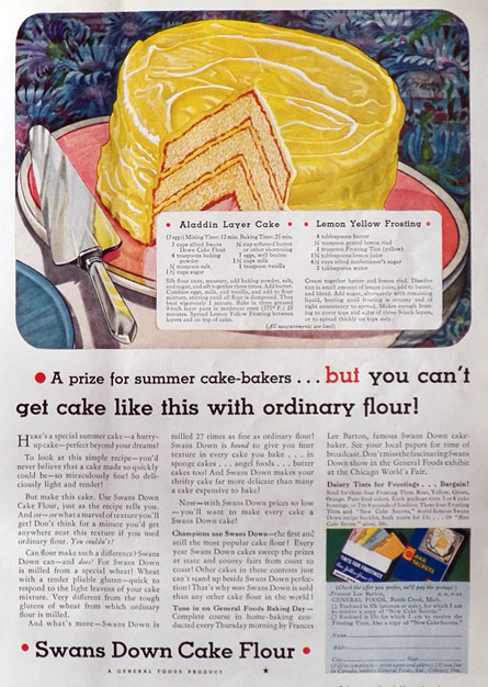 1933 Swans Down Cake Flour Ad ~ Aladdin Cake Recipe