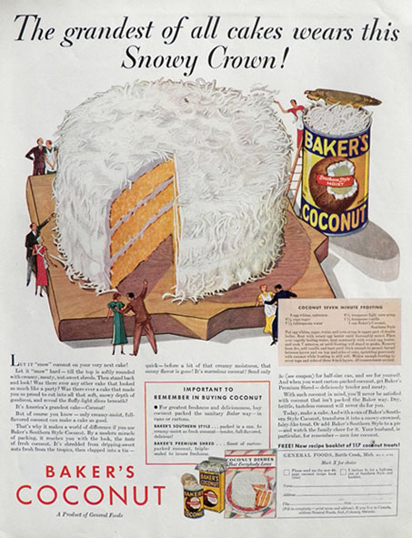 1933 Baker's Coconut Ad ~ Coconut 7-Minute Frosting