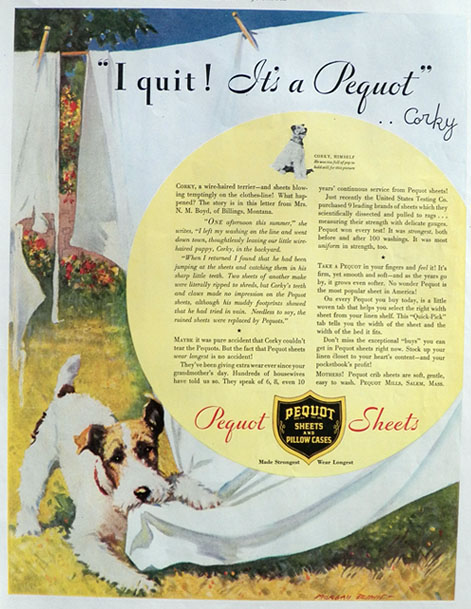 1933 Pequot Sheets Ad ~ Morgan Dennis Wire Fox Terrier