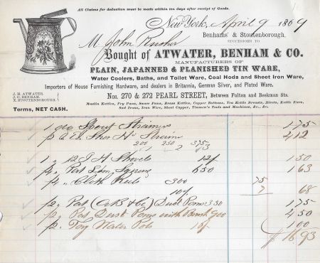 1869 Antique Billhead ~ Atwater Benham Tinware, NYC