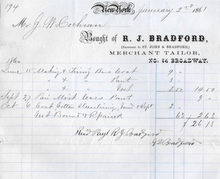 1861 Antique Billhead ~ R.J. Bradford Tailors, NYC