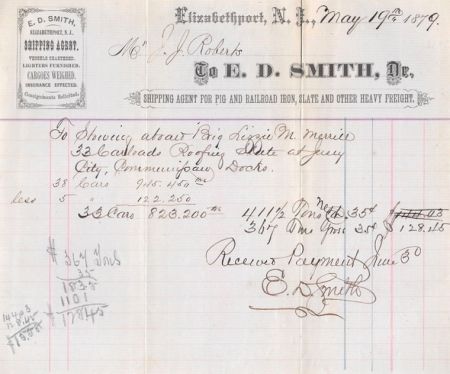 1879 Antique Billhead ~ E.D. Smith, Shipping Agent ~ Elizabethport NJ